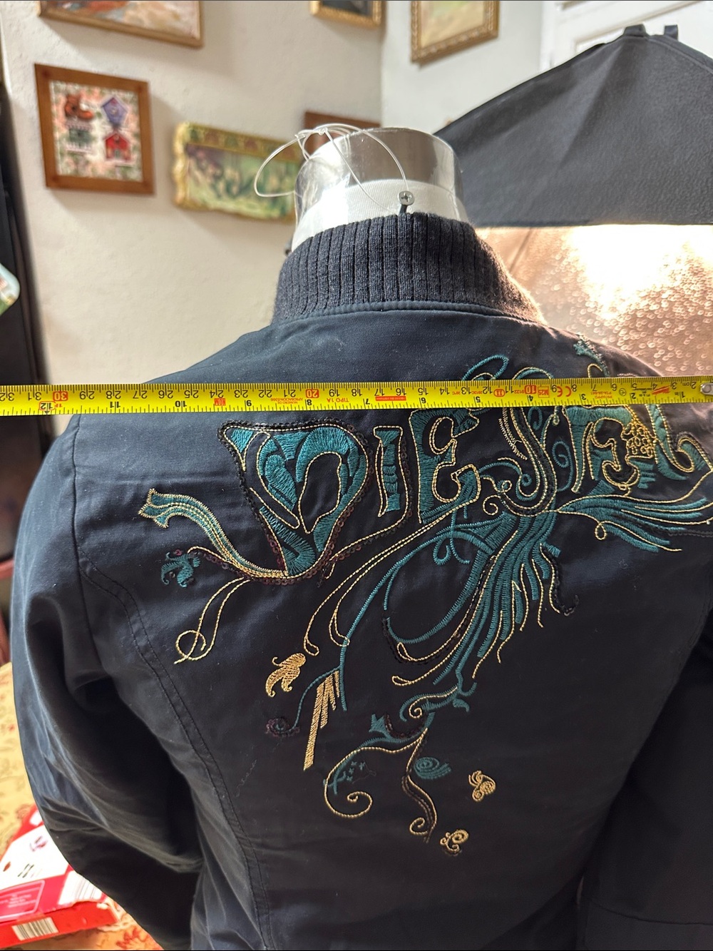 Diesel Black Bomber Jacket with Teal & Gold Embroidery - Picture 12 of 14
